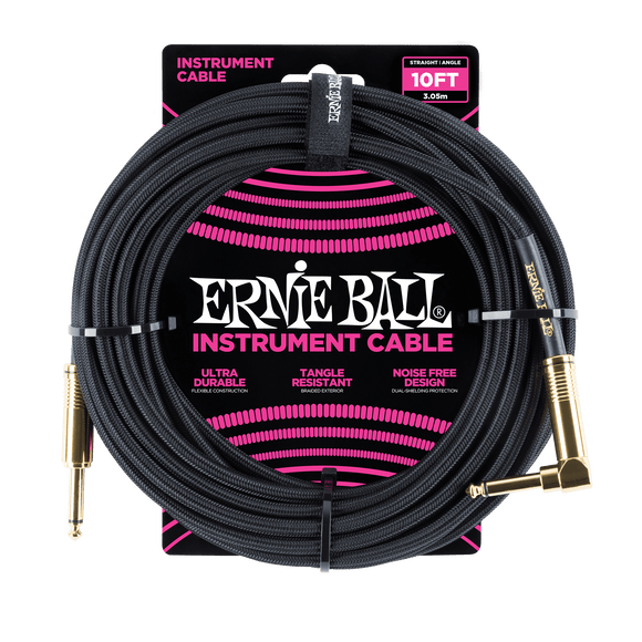Ernie Ball 10ft / 3m Black Braided Right Angle - Straight Jack Cable