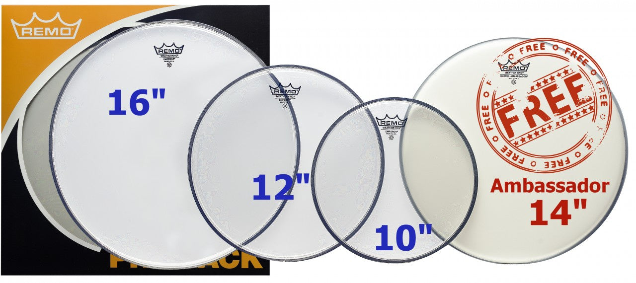 (N) Remo Clear Emperor Tom Pack 12", 13", 16" + Free 14" Ambassador Coated