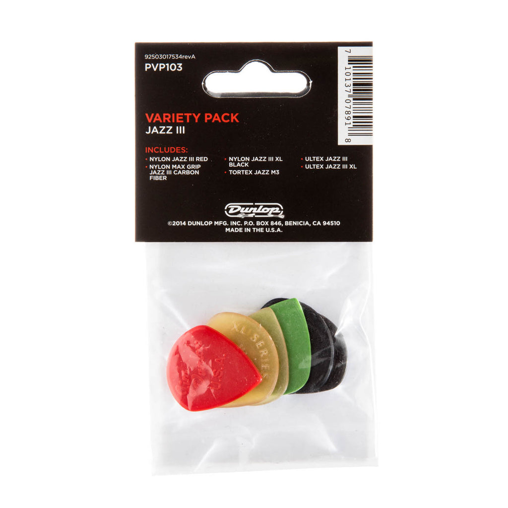 Dunlop PVP103 Jazz III Guitar Variety Pick / Plectrum Pack - Pack of 6