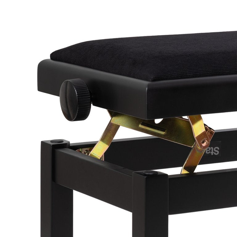 Matt Black Height Adjustable Piano Bench - Black Velvet Top - Plastic Adjustment Wheels