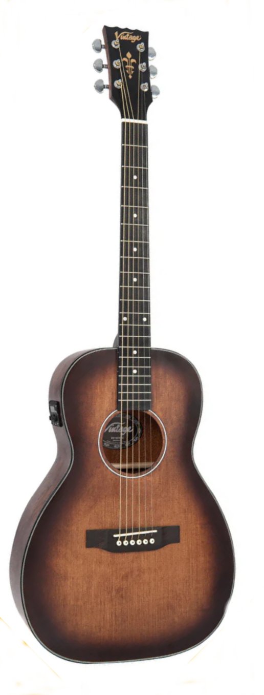 Vintage VE1800AQ Solid Top Electro Acoustic Parlour Guitar - Antique Burst