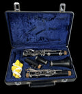 Clarinet set with case, mouthpiece, and cleaning rod on a white surface