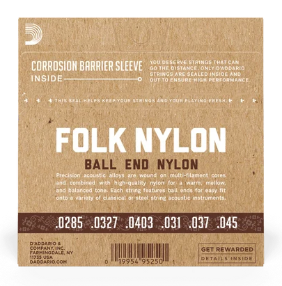 D'Addario Folk Nylon Ball Ended Black Nylon Classical Guitar Strings - Normal Tension