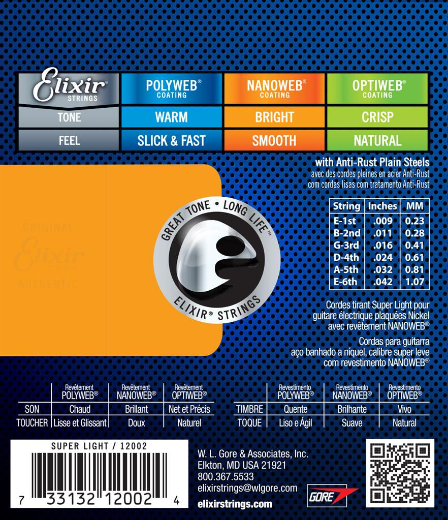 Elixir Nanoweb 9 - 42 (Super  Light) Electric Guitar Strings