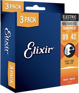 Elixir Nanoweb 9 - 42 (Super Light) Electric Guitar Strings - Triple Pack