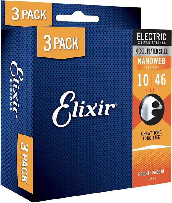 Elixir Nanoweb 10 - 46 (Regular Light) Electric Guitar Strings - Triple Pack