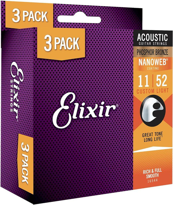 Elixir Nanoweb Custom Light Phosphor Bronze Acoustic Strings - Triple Pack