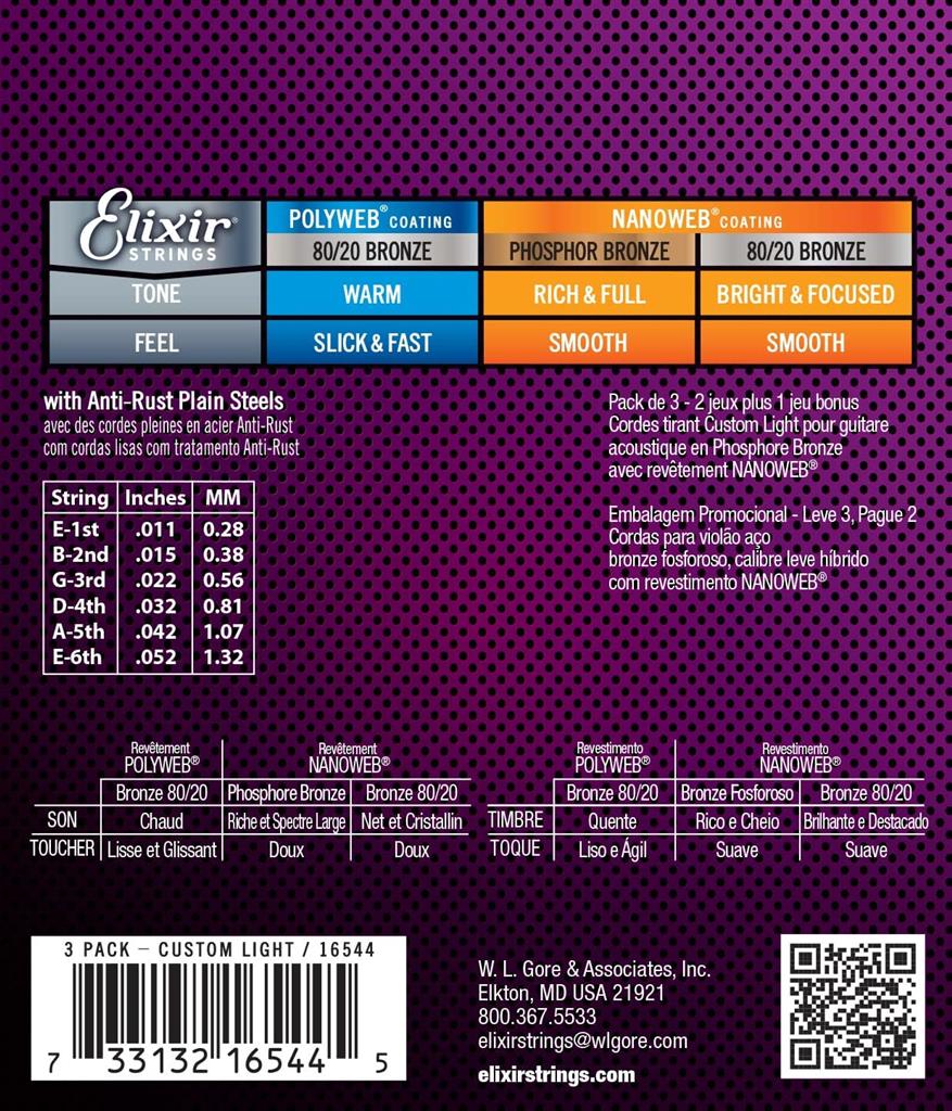 Elixir Nanoweb Custom Light Phosphor Bronze Acoustic Strings - Triple Pack