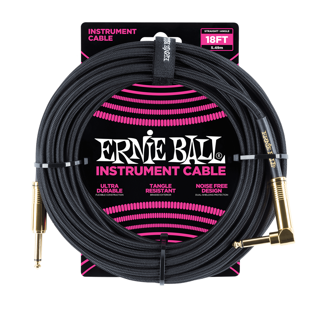 Ernie Ball 18ft / 5.49m Black Braided Right Angle - Straight Jack Cable