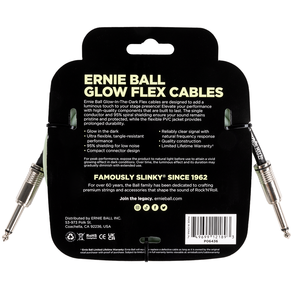 Ernie Ball Flex 10ft / 3m Glow In The Dark Straight Jack - Straight Jack Cable