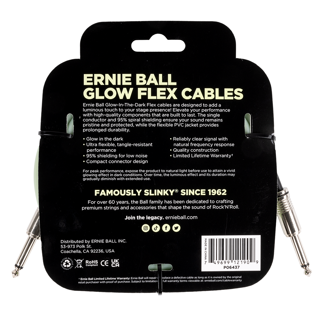 Ernie Ball Flex 20ft / 6m Glow In The Dark Straight Jack - Straight Jack Cable