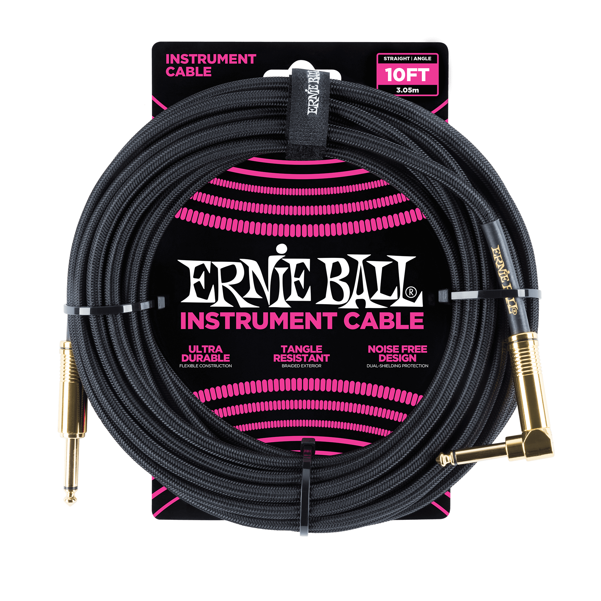 Ernie Ball 10ft / 3m Black Braided Right Angle - Straight Jack Cable