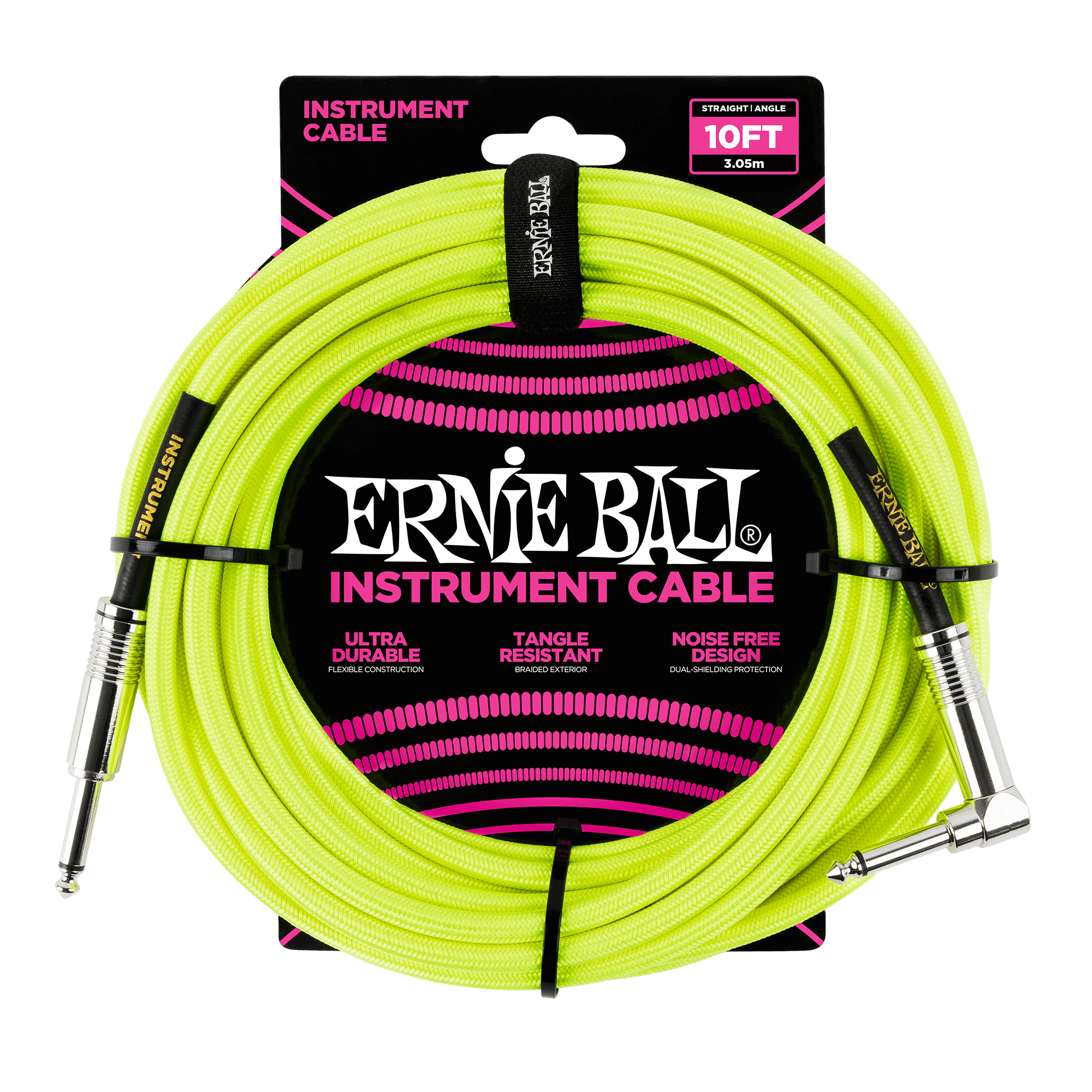 Ernie Ball 10ft / 3m Neon Yellow Braided Right Angle - Straight Jack Cable
