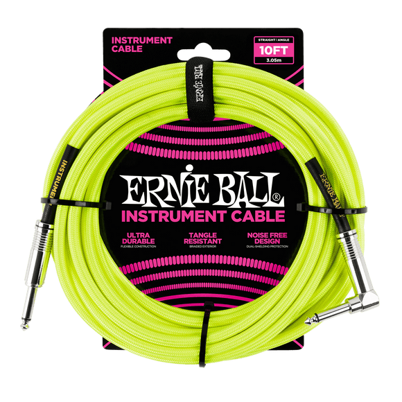 Ernie Ball 10ft / 3m Neon Yellow Braided Right Angle - Straight Jack Cable