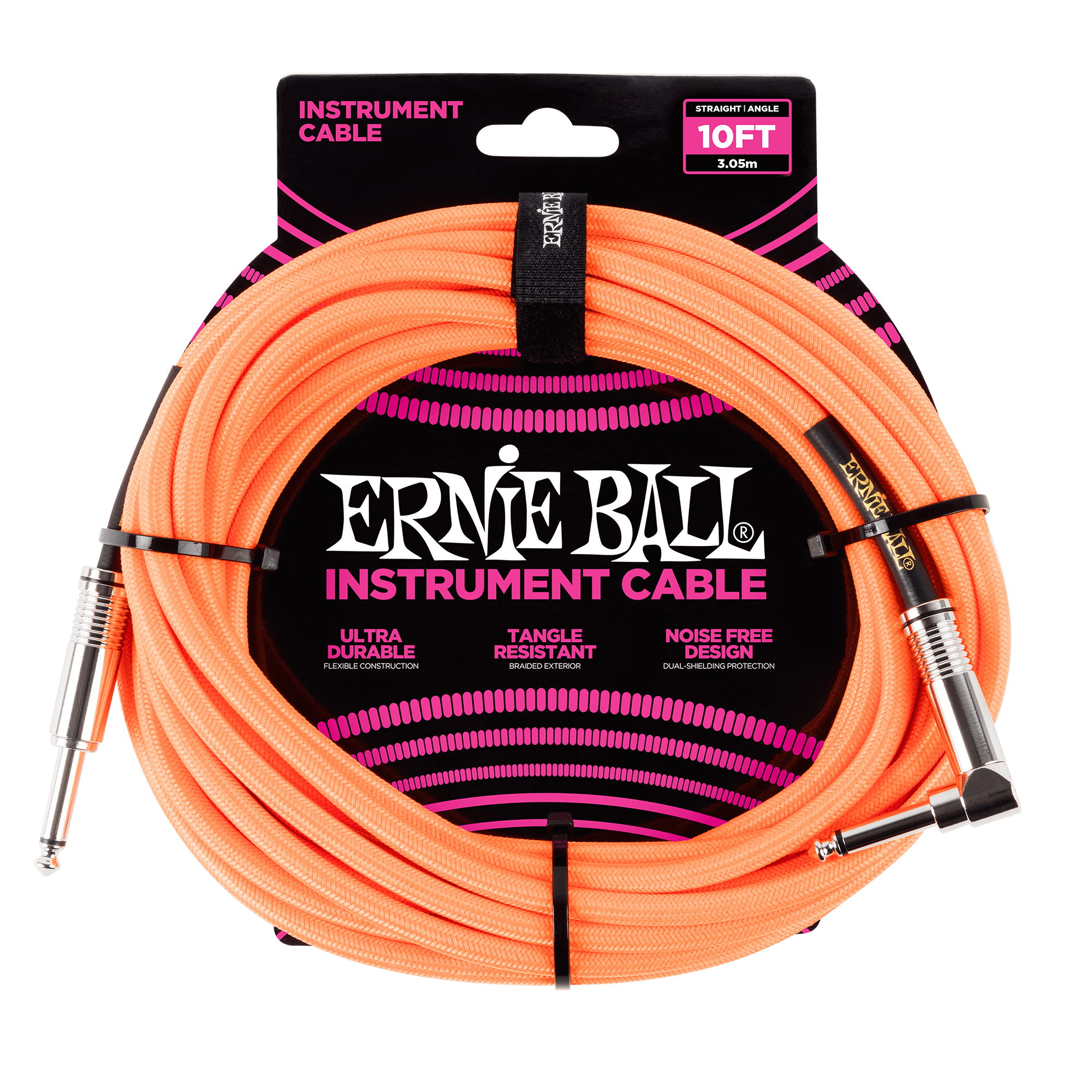 Ernie Ball 10ft / 3m Neon Orange Braided Right Angle - Straight Jack Cable