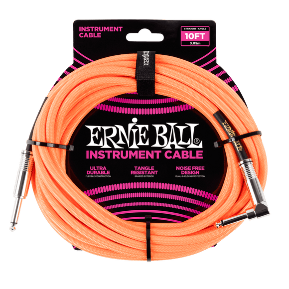 Ernie Ball 10ft / 3m Neon Orange Braided Right Angle - Straight Jack Cable