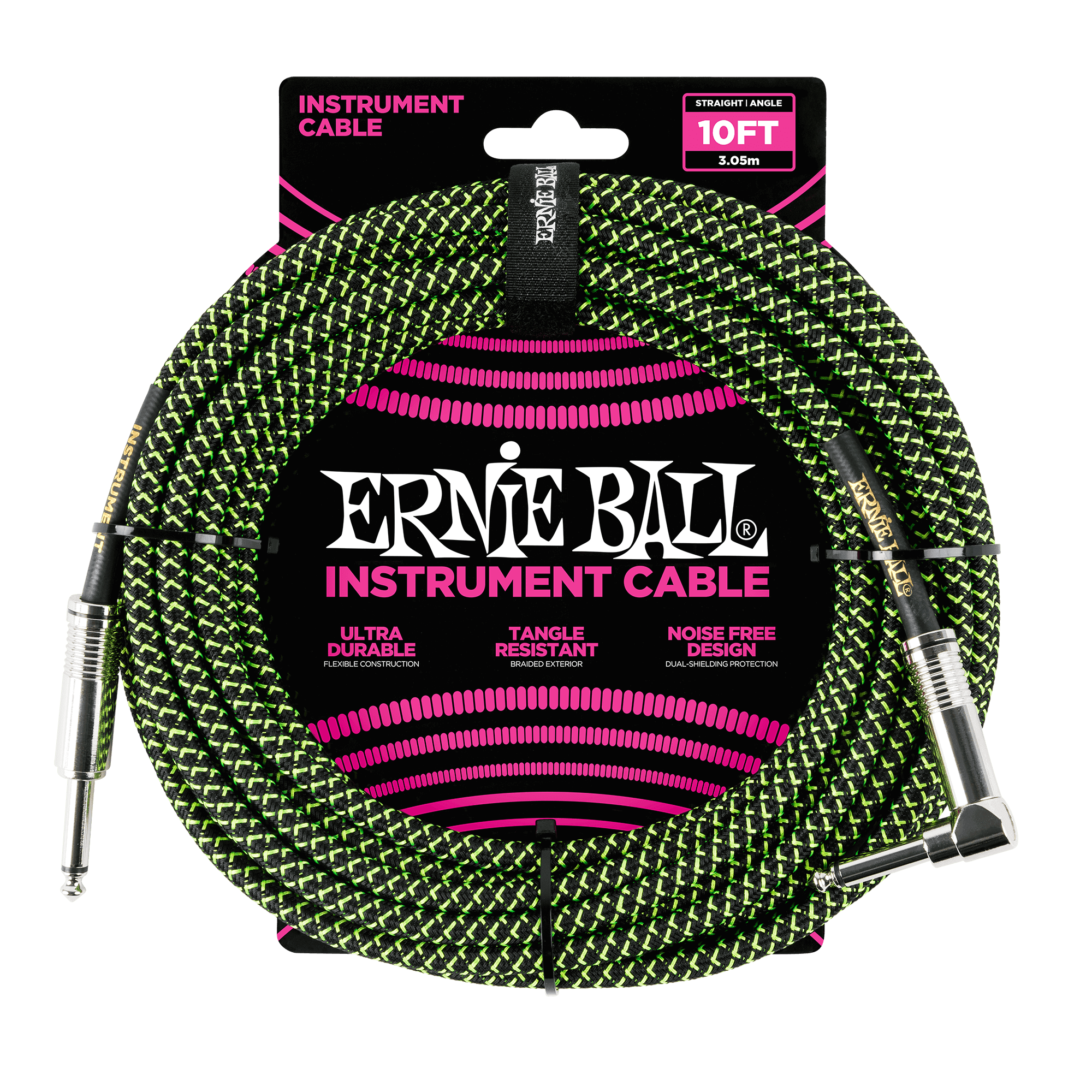 Ernie Ball 10ft / 3m Black / Green Braided Right Angle - Straight Jack Cable