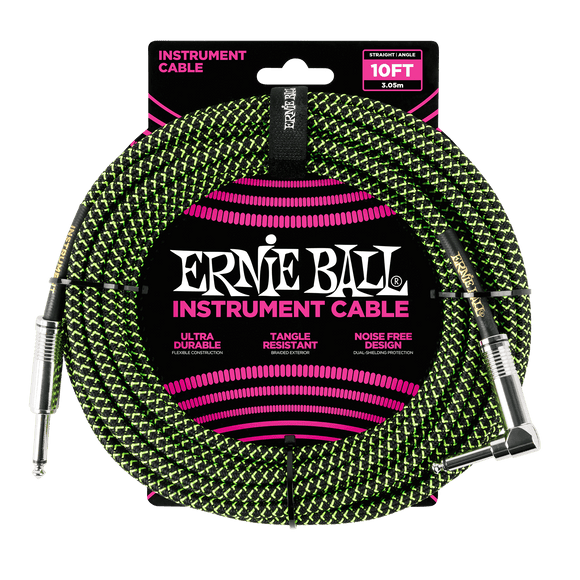 Ernie Ball 10ft / 3m Black / Green Braided Right Angle - Straight Jack Cable