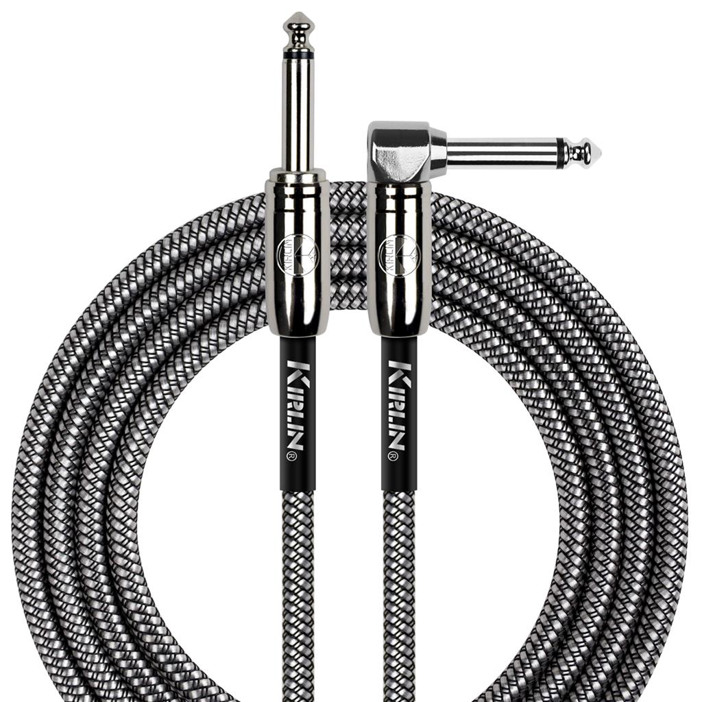 Kirlin 20ft / 6m Black / Silver Woven Right Angle - Straight Jack Cable