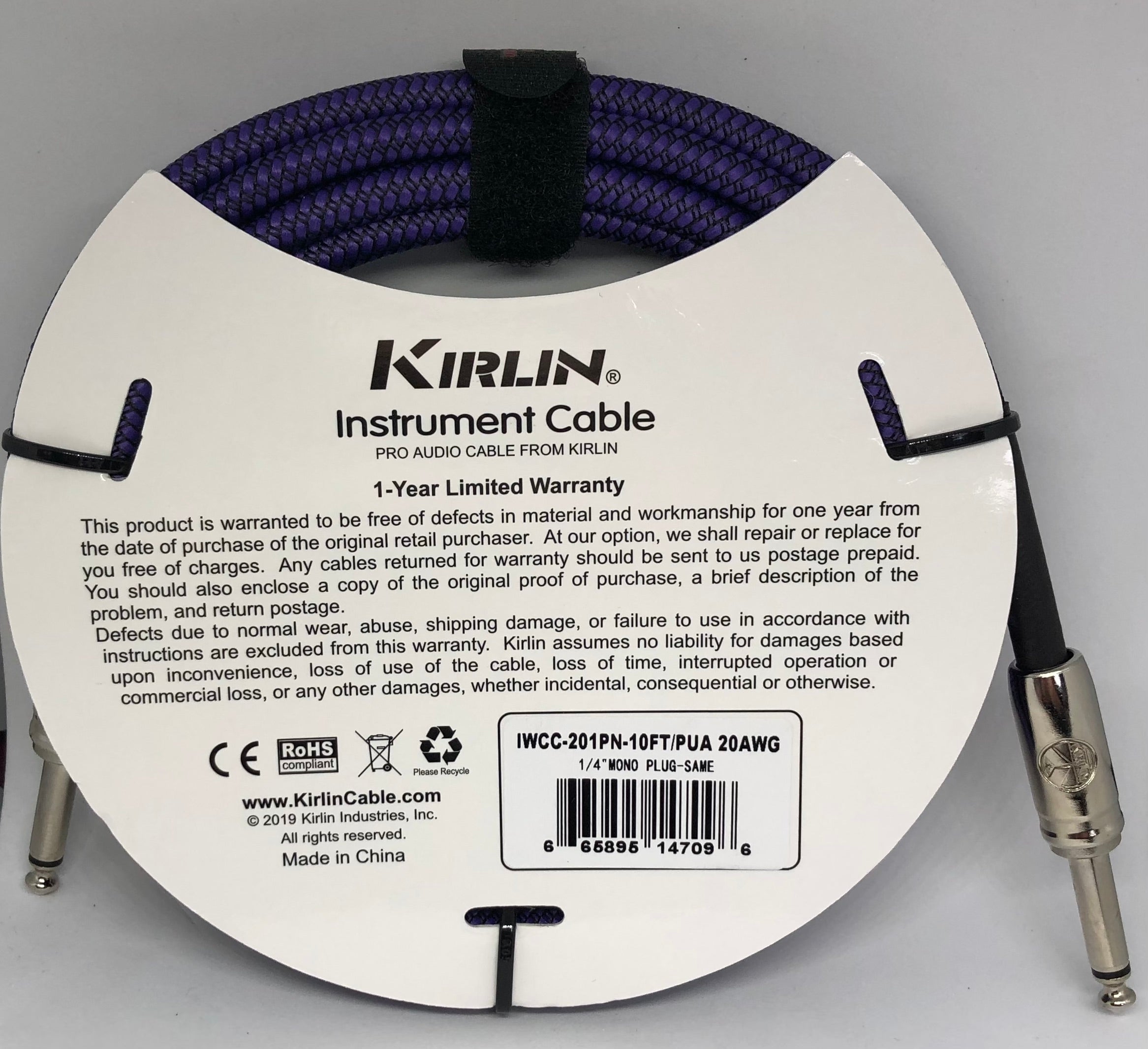 Kirlin 10ft / 3m Purple Woven Straight - Straight Jack Cable