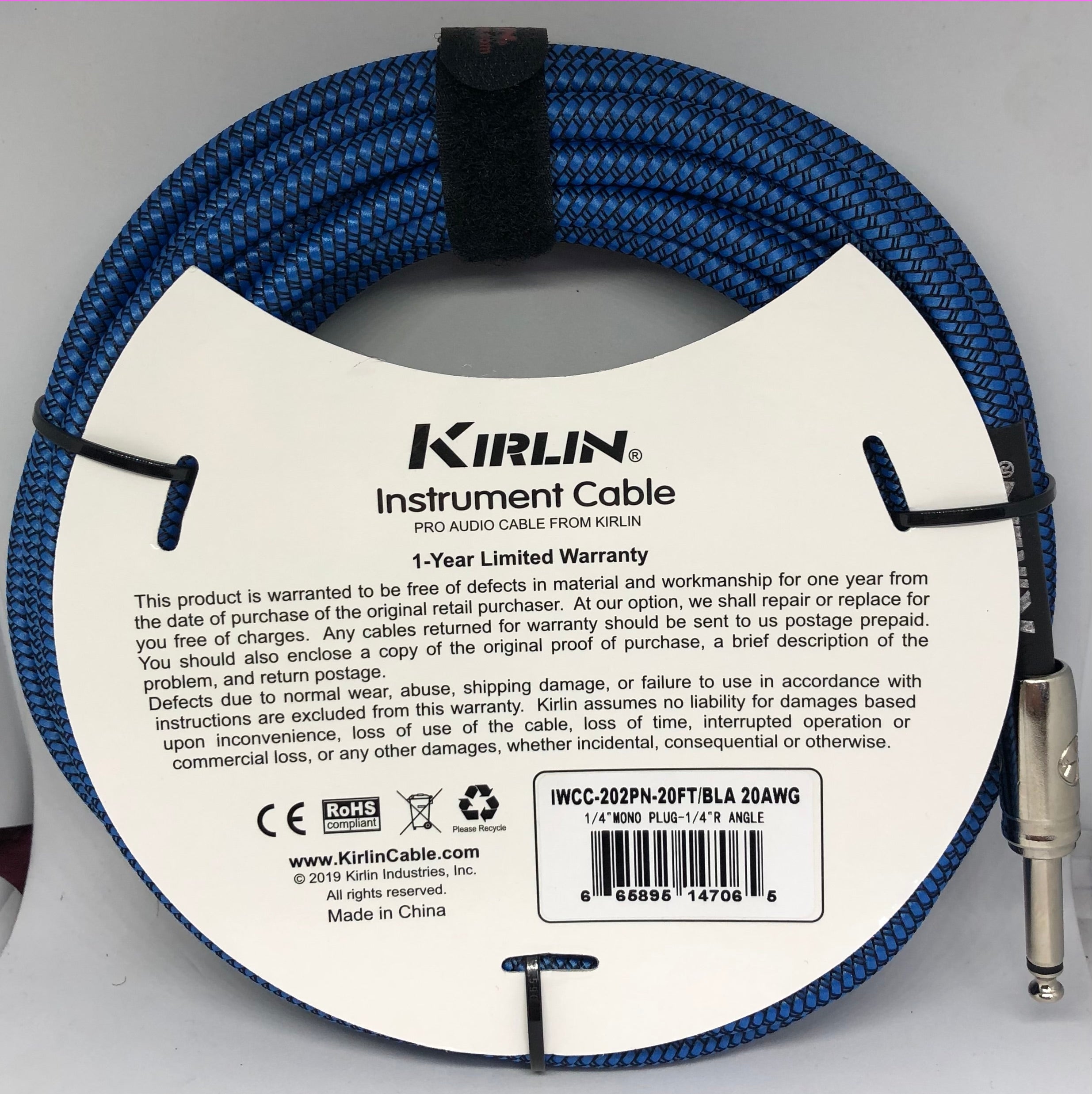 Kirlin 20ft / 6m Blue Woven Right Angle - Straight Jack Cable