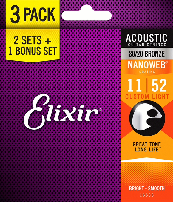 Elixir Nanoweb (Custom Light) 80/20 Bronze Acoustic Strings - Triple Pack