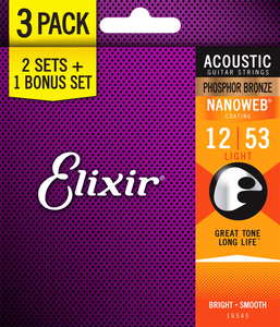 Elixir Nanoweb (Light) Phosphor Bronze Acoustic Strings - Triple Pack