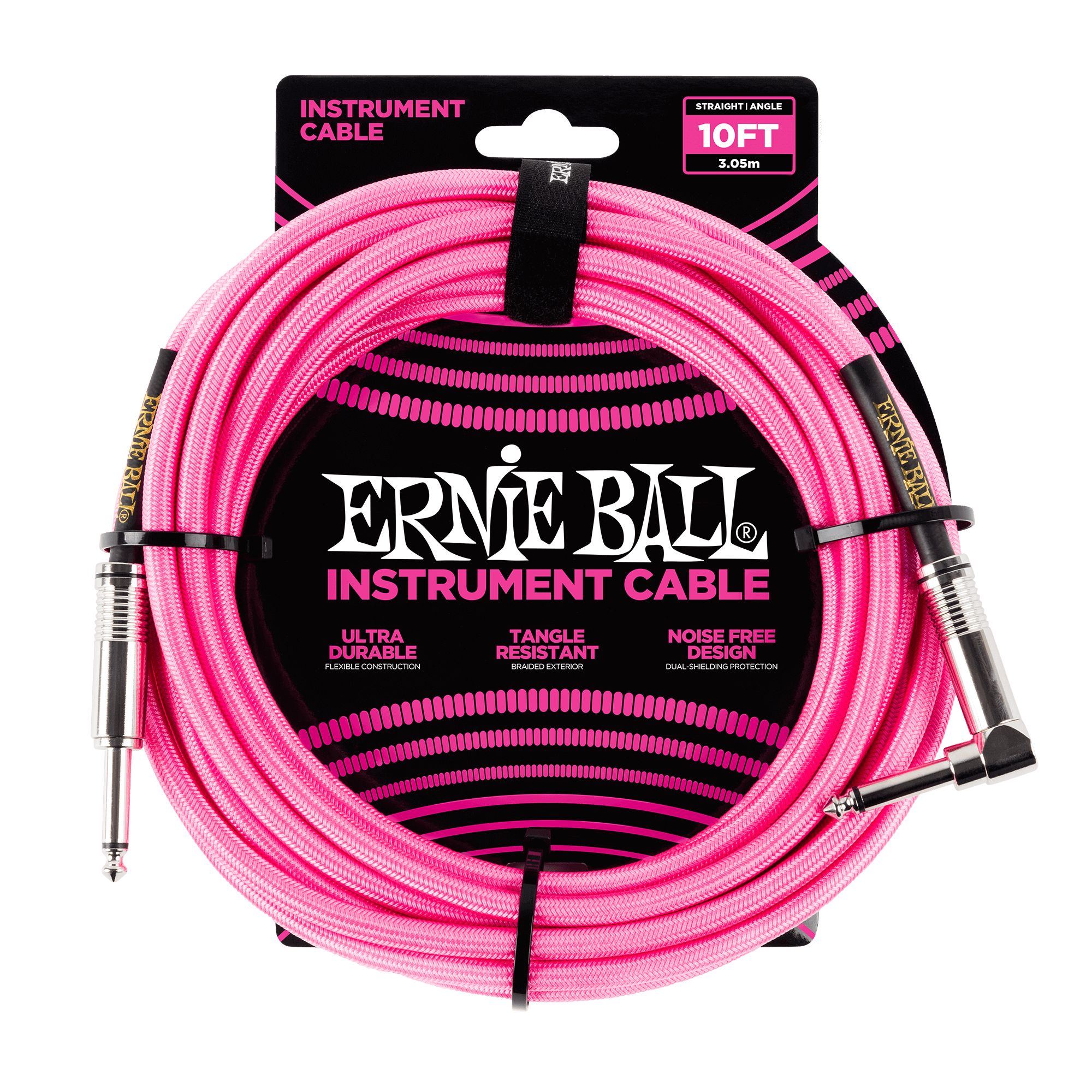 Ernie Ball 10ft / 3m Neon Pink Braided Right Angle - Straight Jack Cable