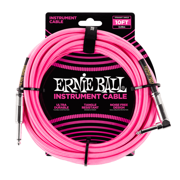 Ernie Ball 10ft / 3m Neon Pink Braided Right Angle - Straight Jack Cable