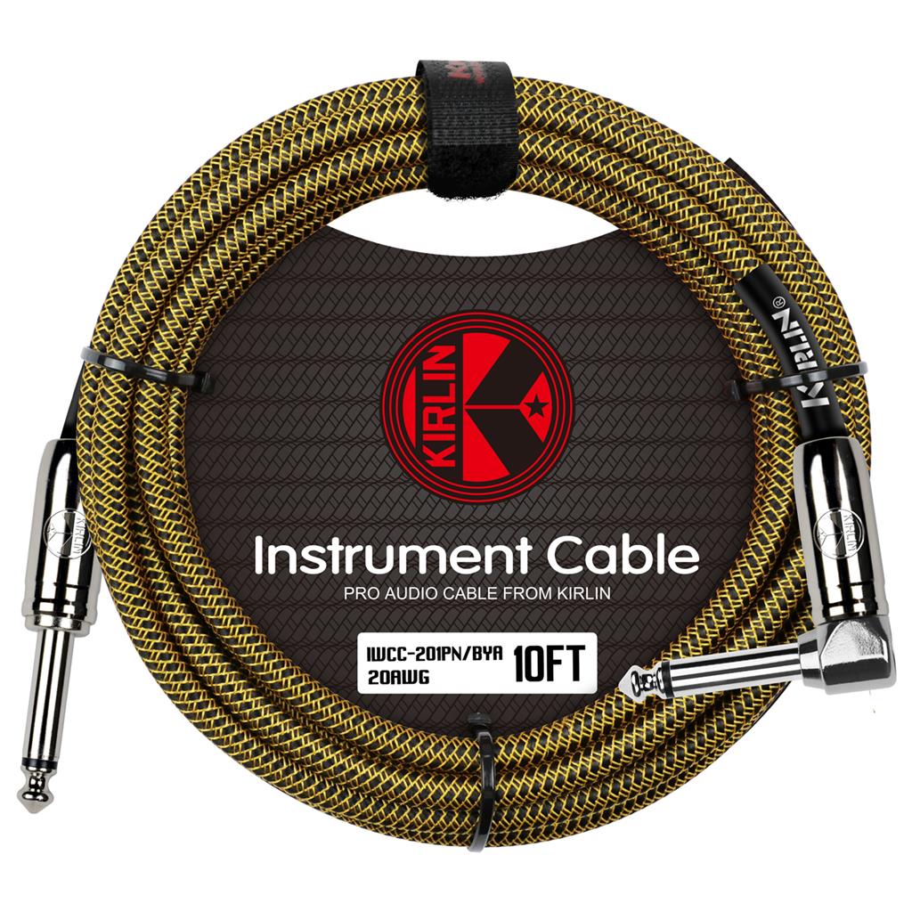 Kirlin 10ft / 3m Black / Yellow Woven Right Angle - Straight Jack Cable